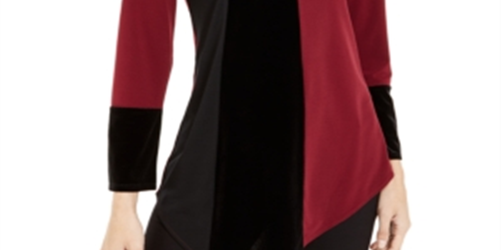 Alfani Women's Asymmetrical Hem Colorblocked Top Maroon-Black Size Petite Large