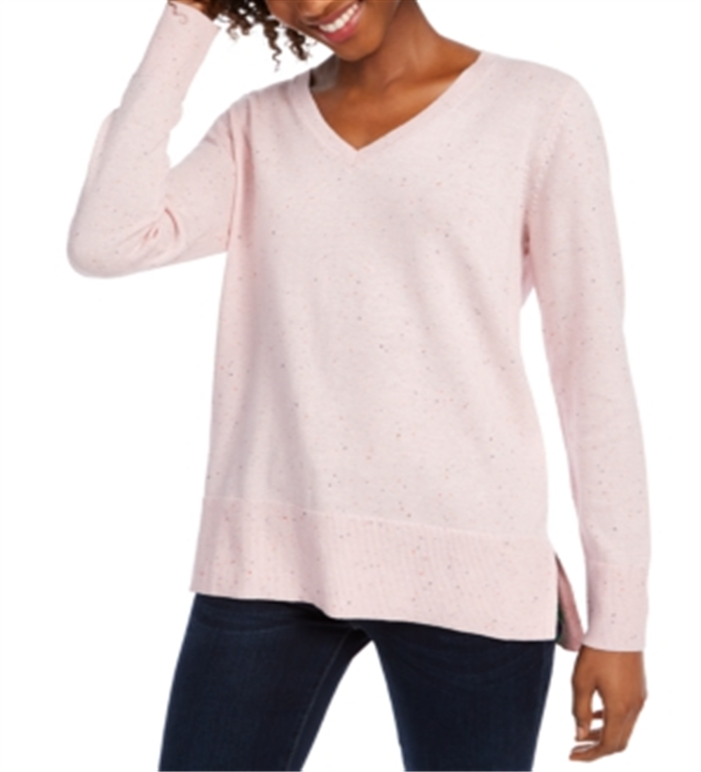 Maison Jules Women's Cotton V Neck Tunic Sweater Pink Size Large