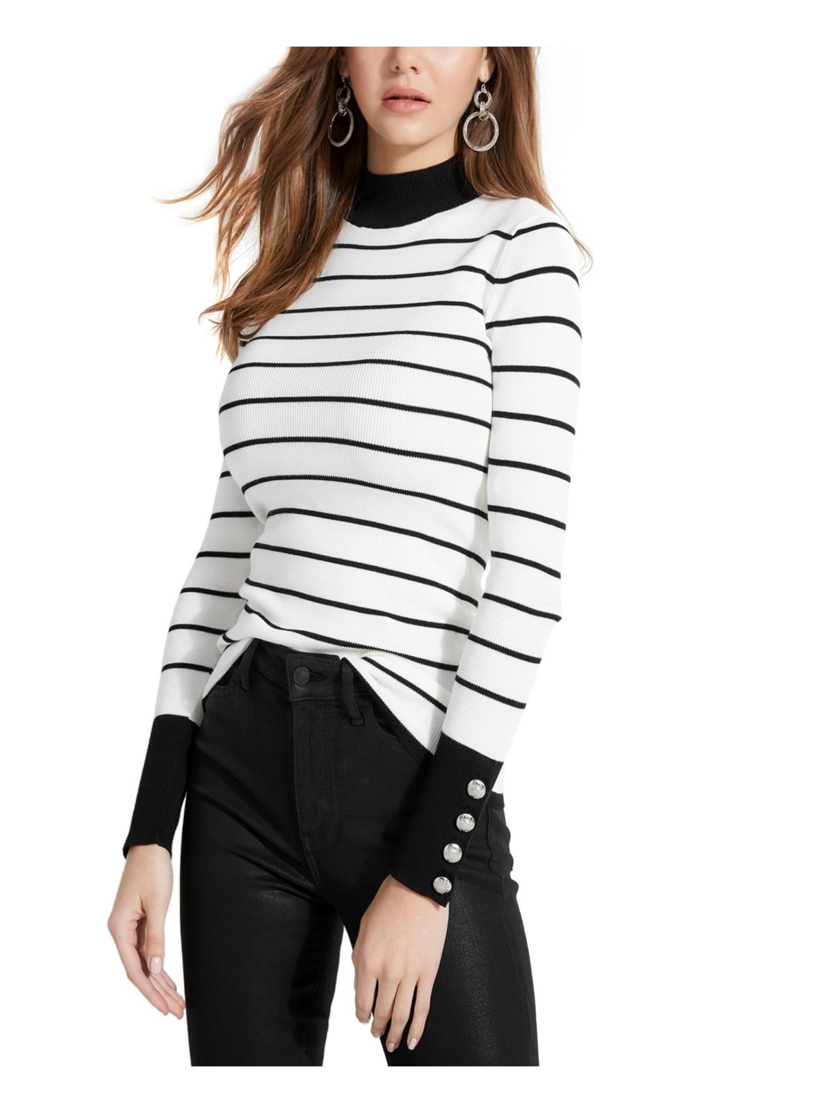 Guess Women's Rebekah Striped Button Mock Turtleneck Sweater White Size Large