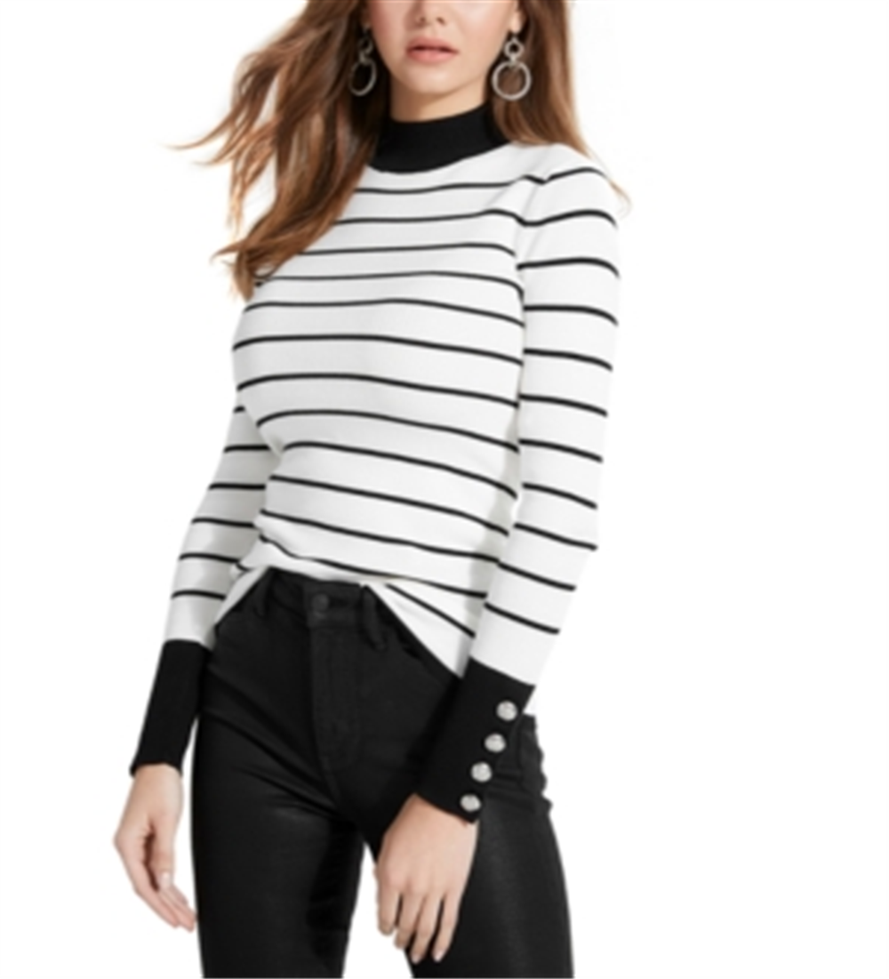 Guess Women's Rebekah Striped Button Mock Turtleneck Sweater White Size Large