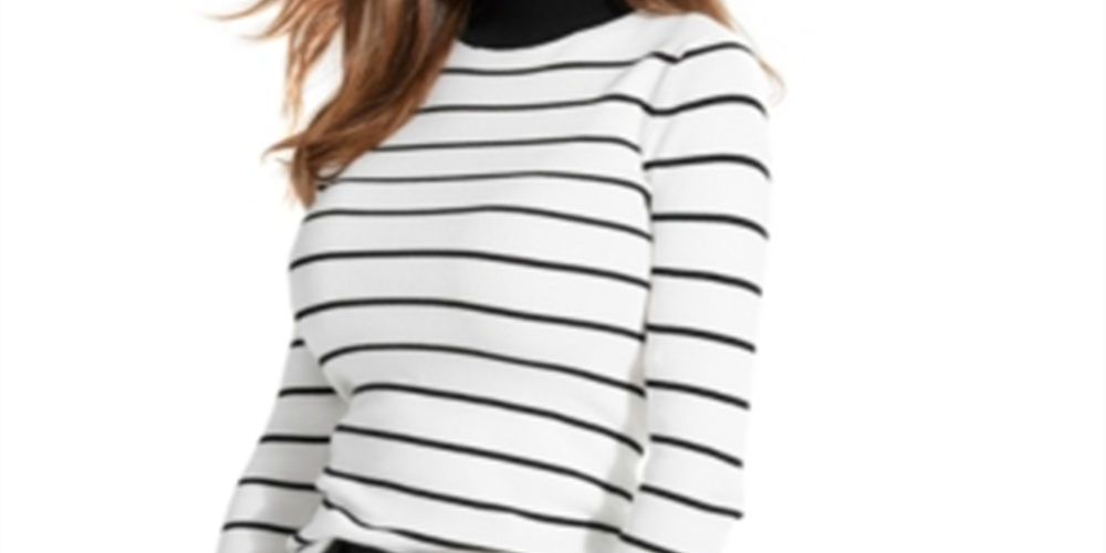 Guess Women's Rebekah Striped Button Mock Turtleneck Sweater White Size Large