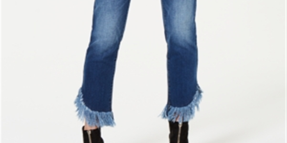 INC International Concepts Women's Fringe Hem Button Front Straight Leg Jeans Blue Size 16
