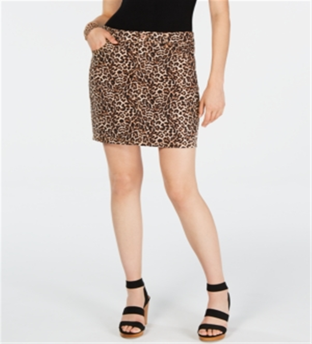 INC International Concepts Women's Leopard Print Denim Mini Skirt Yellow Size 0