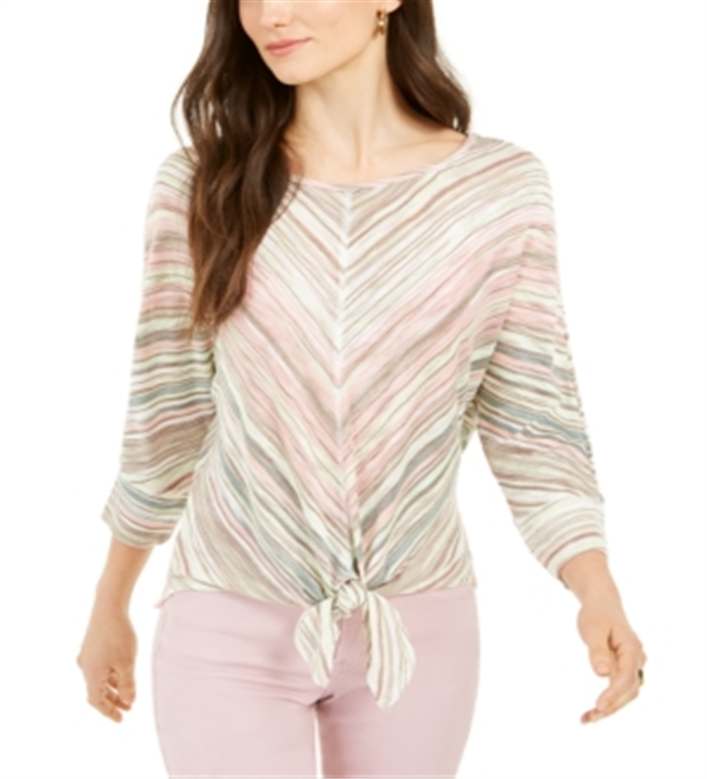 Style & Co Women's Stripe Front Tie Top Green Size Small