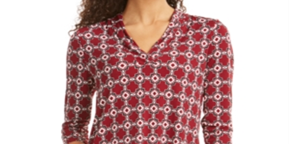 Charter Club Women's Printed Pleat Shoulder Top Red Size X-Small