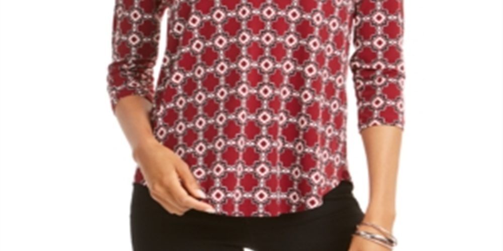 Charter Club Women's Printed Pleat Shoulder Top Red Size X-Small