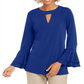 Charter Club Women's Solid Bell Sleeve Keyhole Blouse Evening Top Blue Size Medium