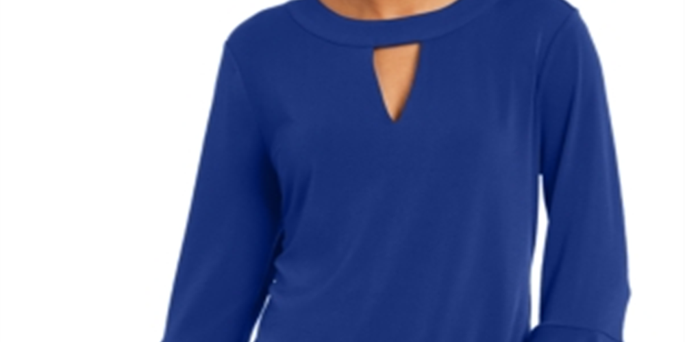 Charter Club Women's Solid Bell Sleeve Keyhole Blouse Evening Top Blue Size Medium