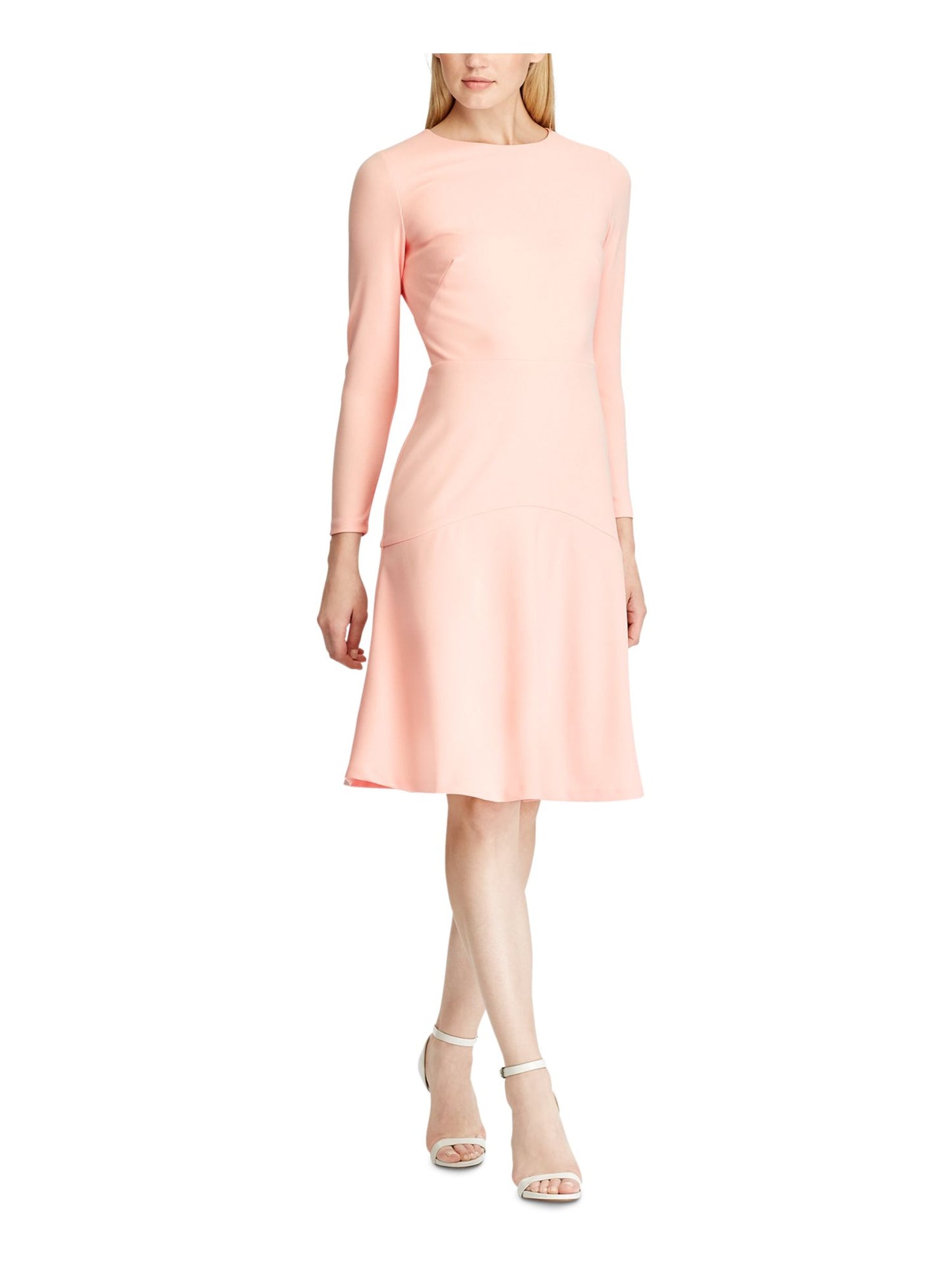 Ralph Lauren Women's Zippered Long Sleeve Jewel Neck Above the Knee Evening Fit Flare Dress Pink Size 8