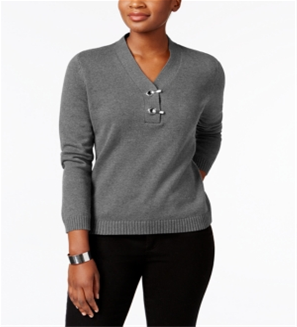 Karen Scott Women's Hardware V Neck Cotton Sweater Charcoal Size X-Small