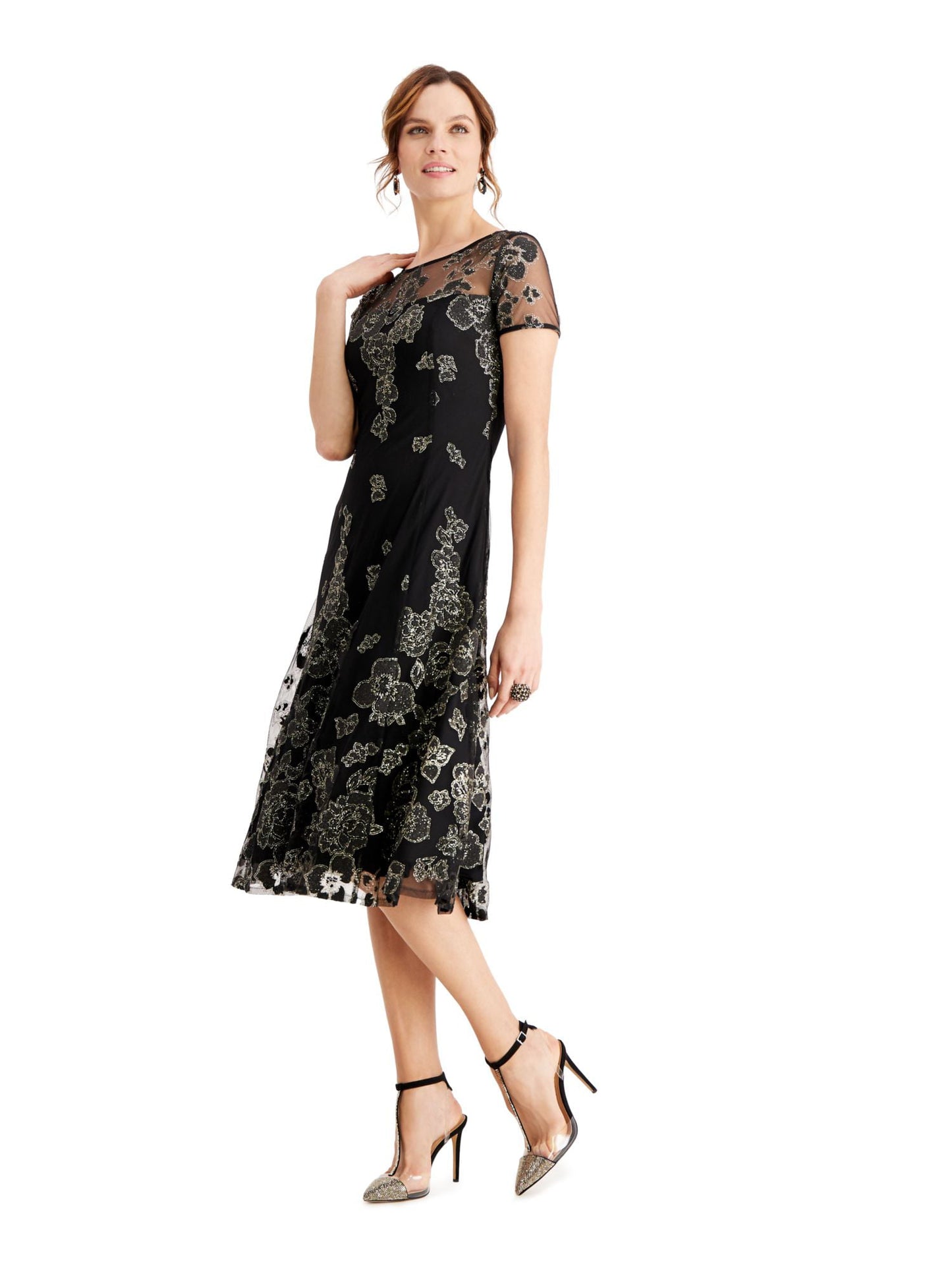 SLNY Women's Glitter Embellished Zippered Short Sleeve Jewel Neck MIDI Fit Flare Formal Dress Black Size 14