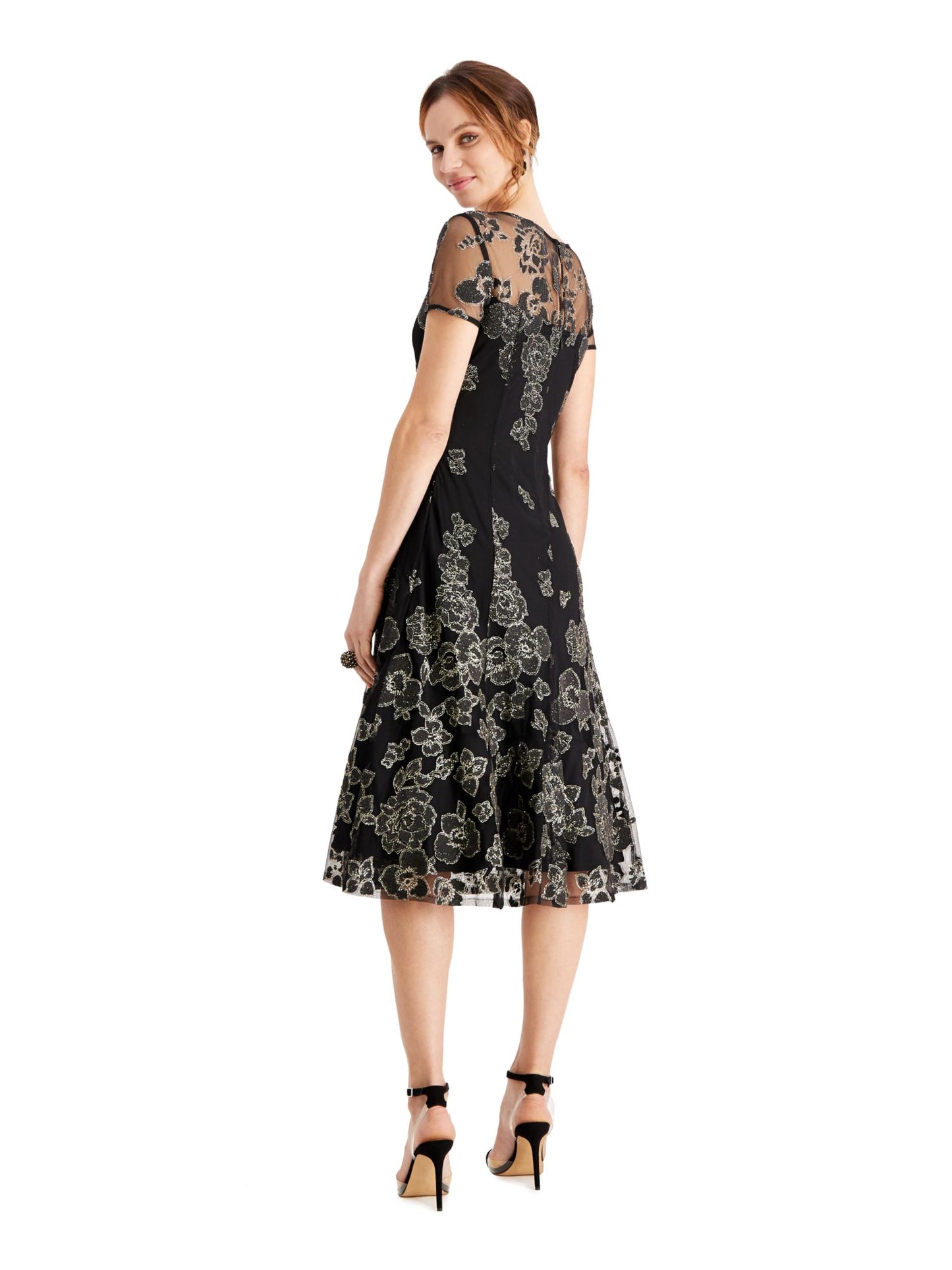 SLNY Women's Glitter Embellished Zippered Short Sleeve Jewel Neck MIDI Fit Flare Formal Dress Black Size 14