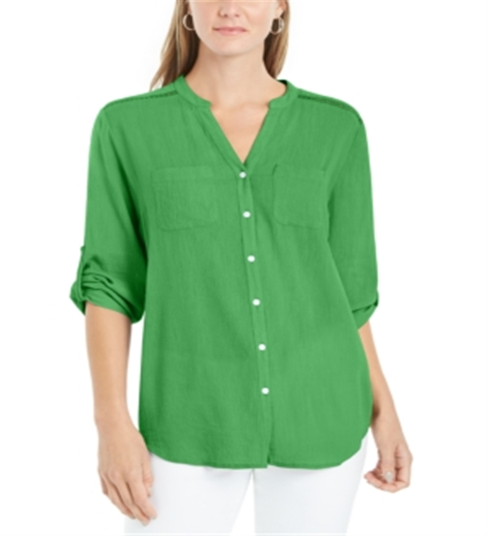 Charter Club Women's Roll Tab Button Down Top Green Size Medium