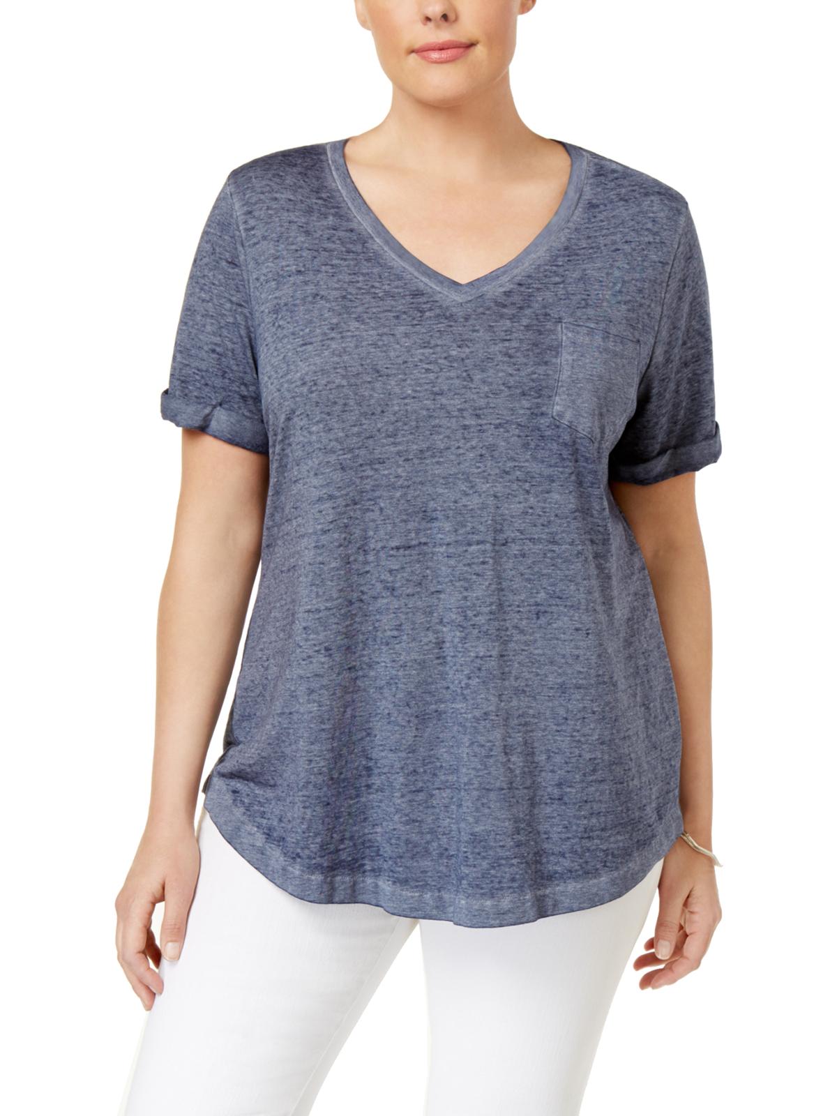 Style & Co Women's Plus V Neck Short Sleeves T-Shirt Blue Size 0X