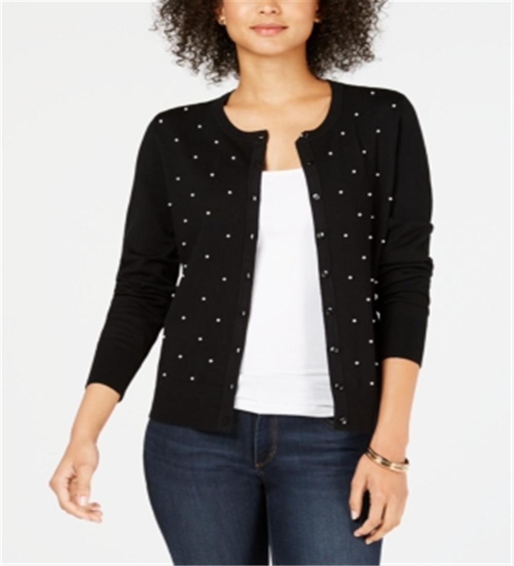 Charter Club Women's Pearl Embellished Cardigan Black Size Petite Small