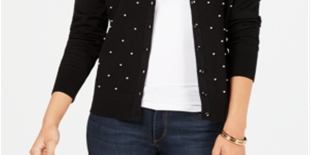 Charter Club Women's Pearl Embellished Cardigan Black Size Petite Small
