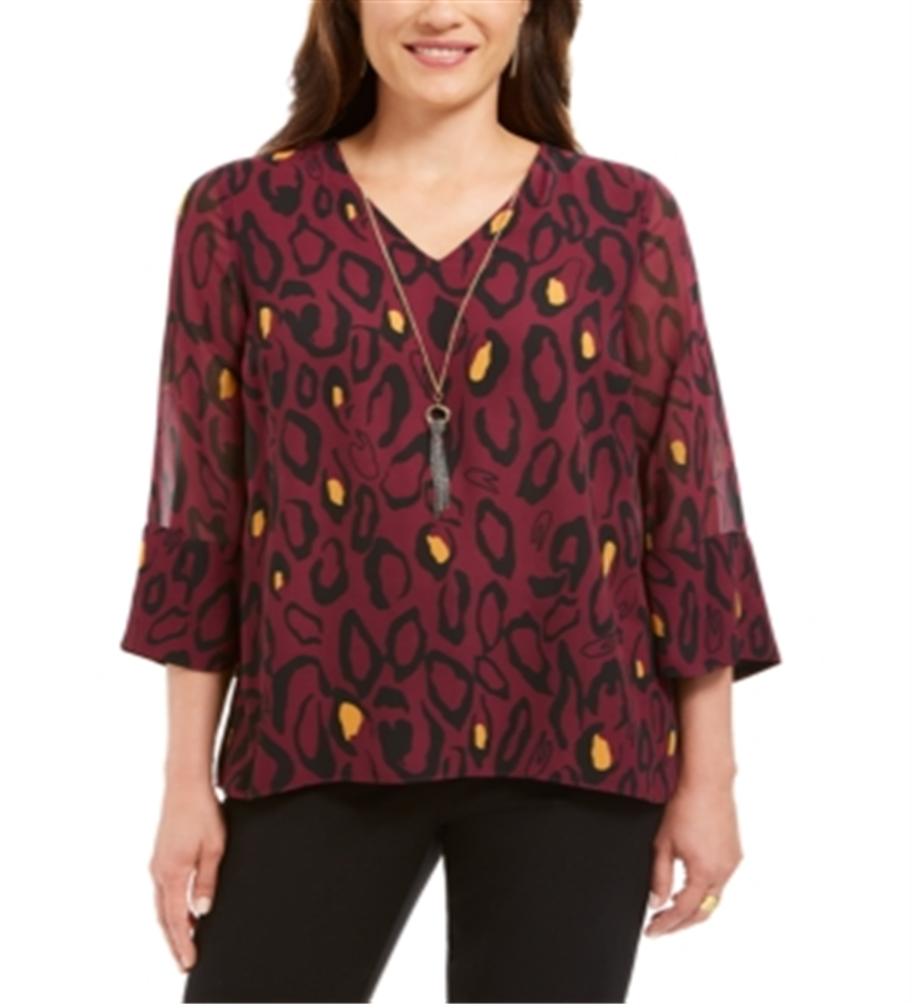 JM Collection Women's Printed Necklace Blouse Purple Size Petite L