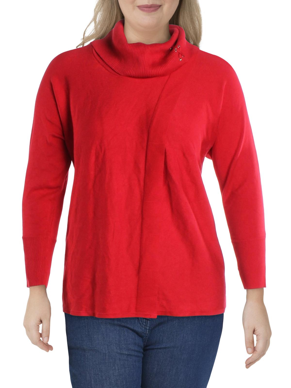 JM Collection Women's Plus Lace up Ribbed Trim Poncho Sweater Red Size 0X