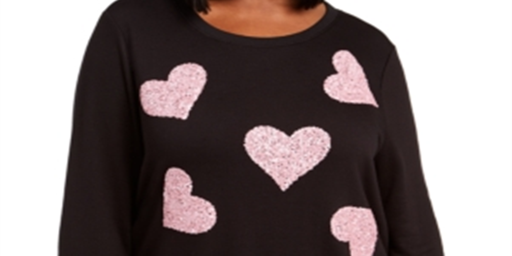 INC International Concepts Women's Plus Sequin Heart Sweatshirt Black Size 0X