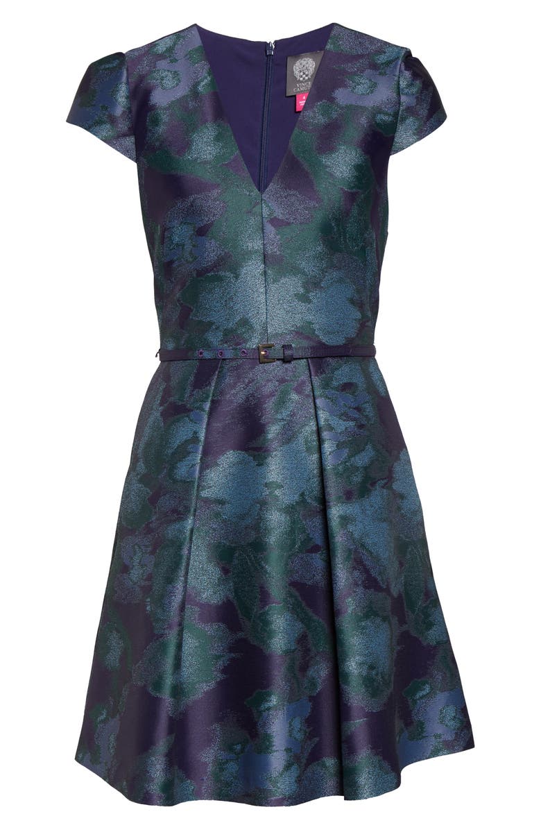 Vince Camuto Women's Belted Floral Print Fit & Flare Dress Blue Size 14