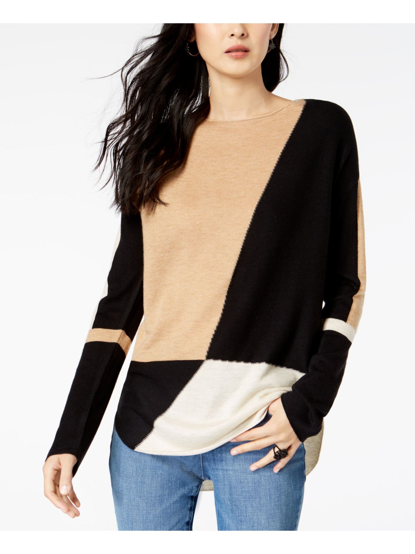 INC International Concepts Women's Color Block Long Sleeve Jewel Neck Sweater Brown Size Petite Large