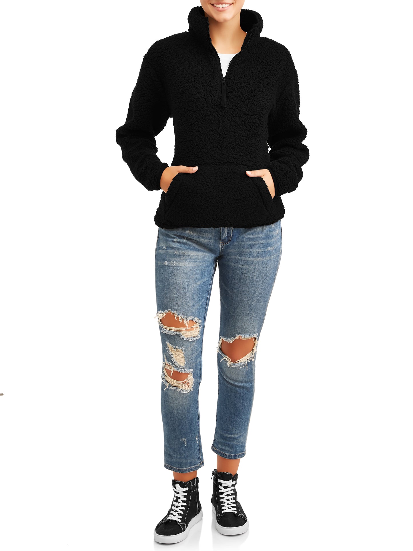 Planet Gold Junior's Quarter Zip Sherpa Pullover Sweater Black Size Small