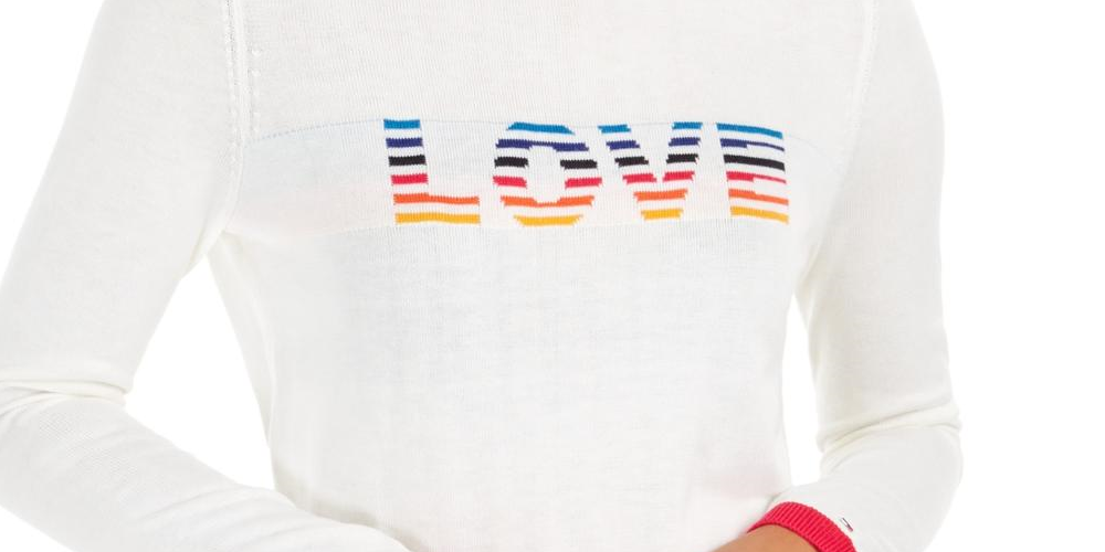 Tommy Hilfiger Women's Love Graphic Contrast Trim Pullover Sweater White Size Large