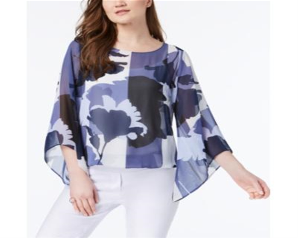 Alfani Women's Printed Angel Sleeve Top Blue Size Petite S/M
