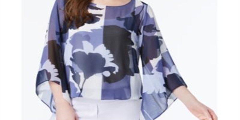 Alfani Women's Printed Angel Sleeve Top Blue Size Petite S/M