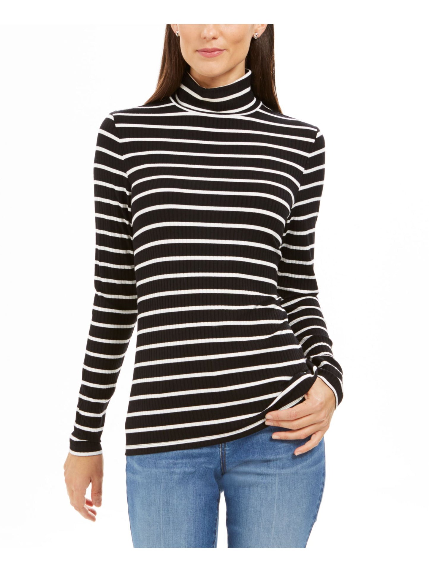 Charter Club Women's Striped Long Sleeve Turtle Neck Top Black Size Petite Large