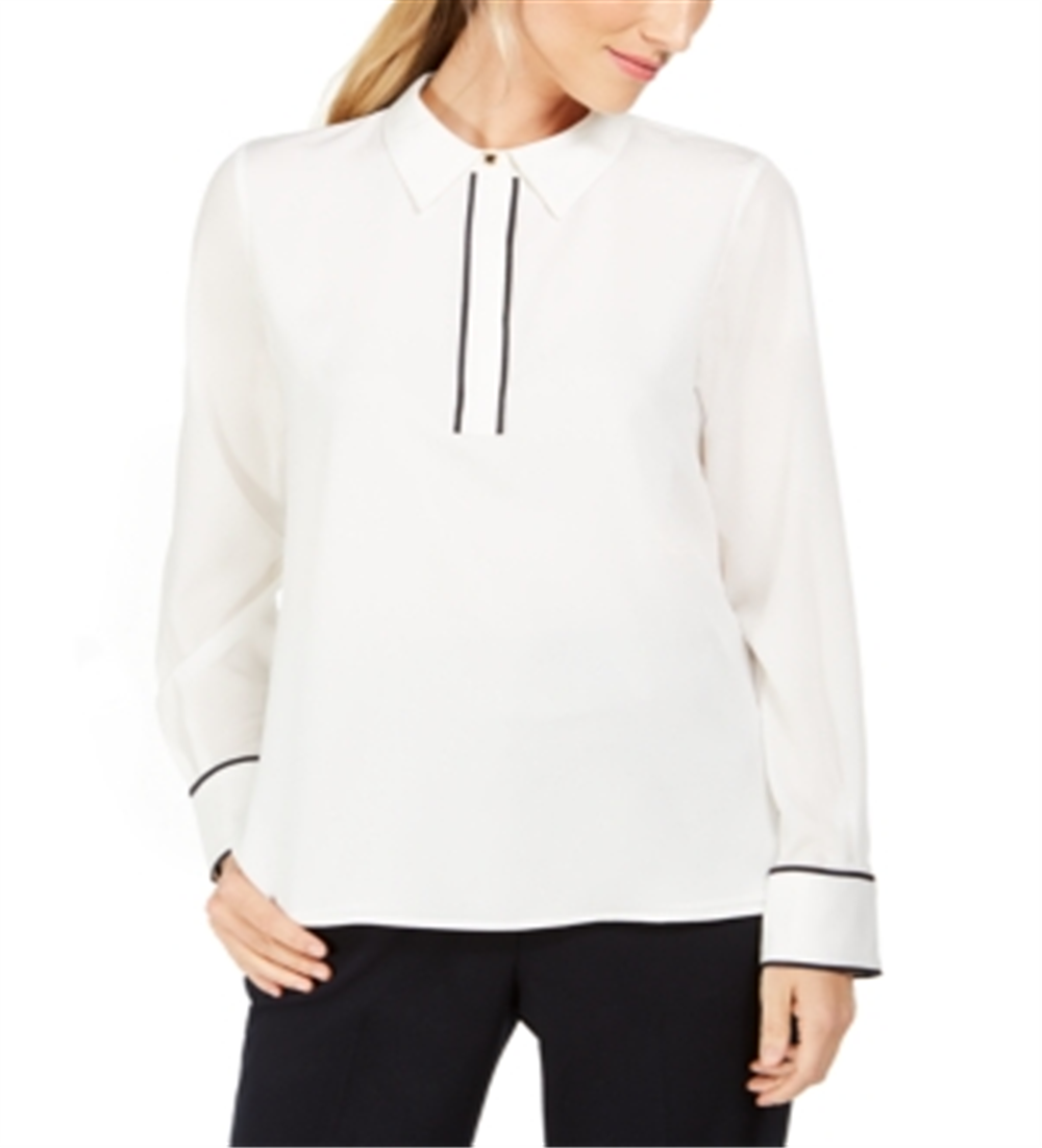 Calvin Klein Women's Piped Trim Top White Size Medium