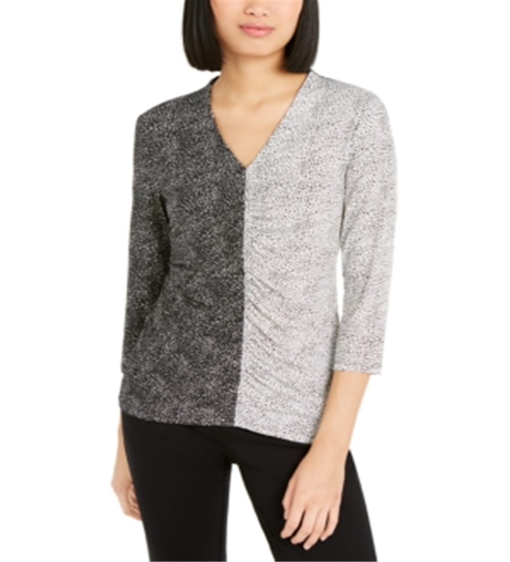 Alfani Women's Mixed Print Ruched Front Top Black-White Size Petite XL
