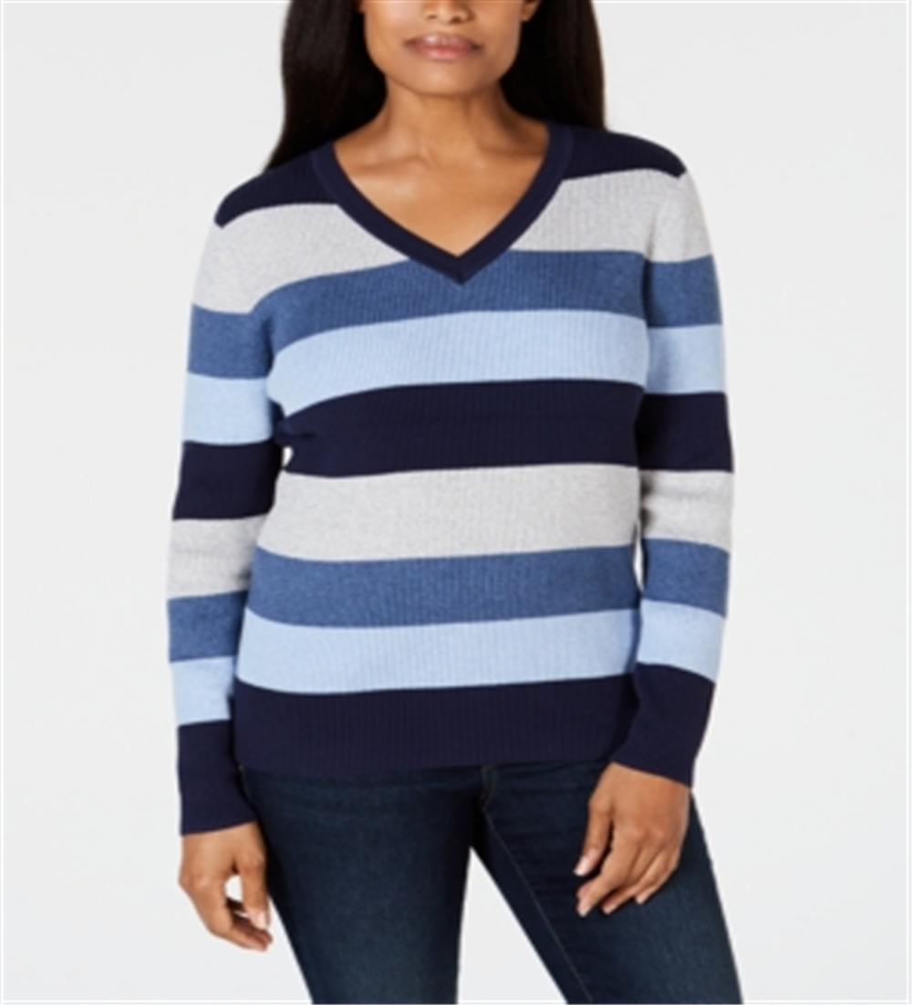Karen Scott Women's Colorblocked V Neck Cotton Sweater Blue Size X-Large