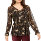 Style & Co Women's Floral Print Ruffle Mesh Top Black-Gold Size Petite M
