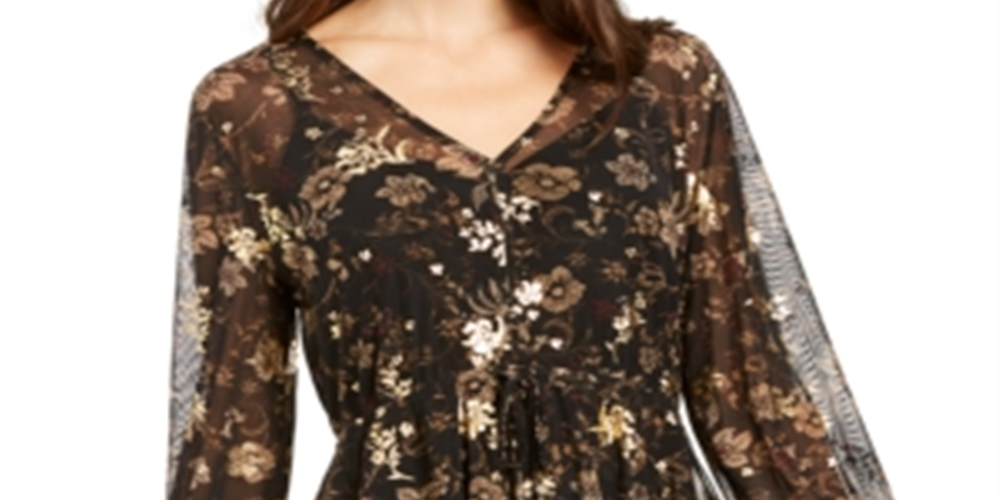 Style & Co Women's Floral Print Ruffle Mesh Top Black-Gold Size Petite M