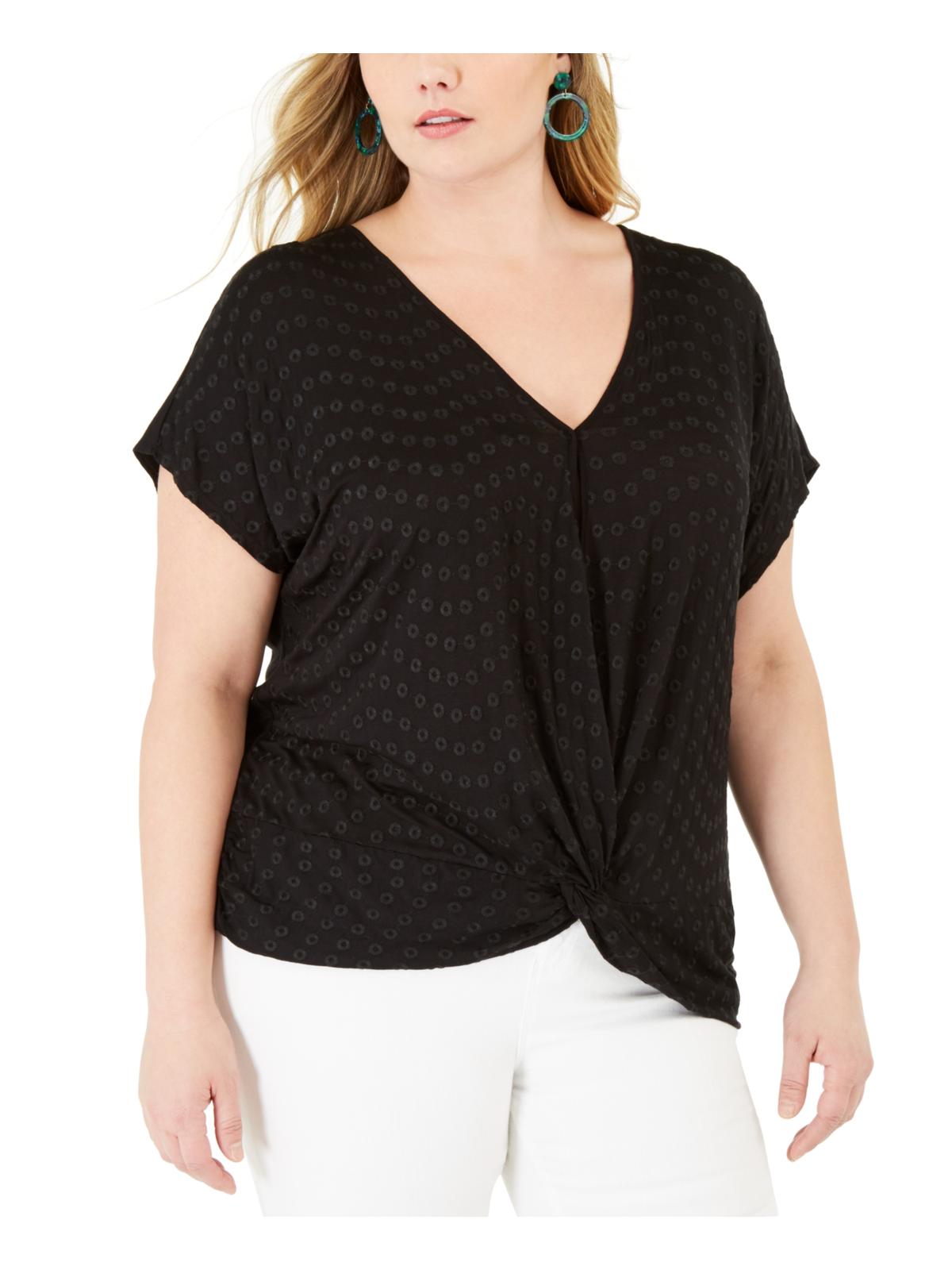 INC International Concepts Women's Plus Eyelet Twist Front Blouse Black Size 0X