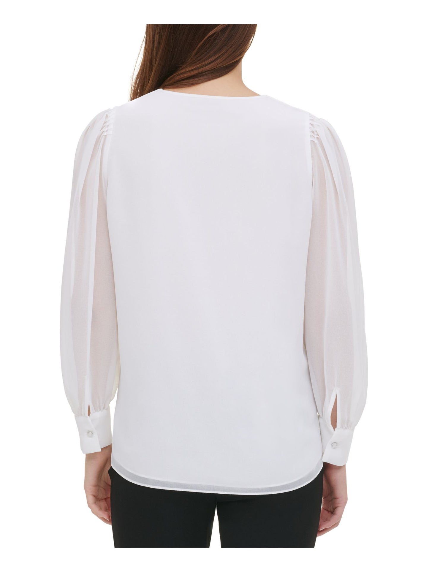 Calvin Klein Women's Solid Long Sleeve V Neck Top White Size Large