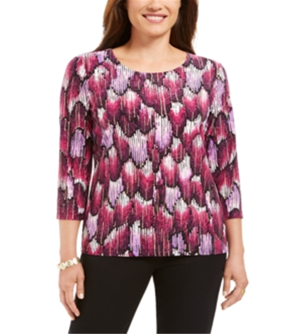 JM Collection Women's Printed 3/4 Sleeve Top Black Size X-Small