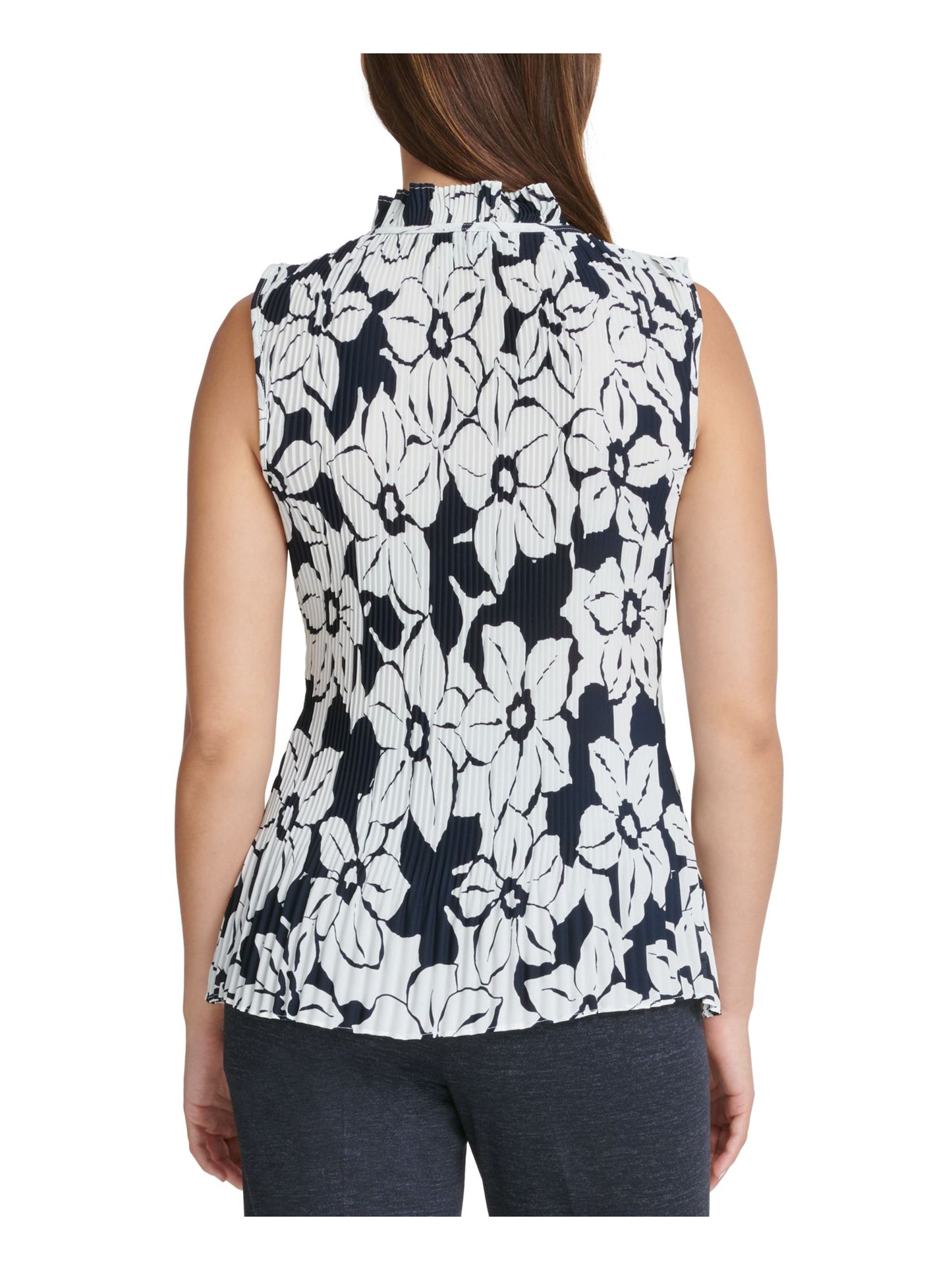 DKNY Women's Pleated Tie Floral Sleeveless V Neck Top Blue Size Large