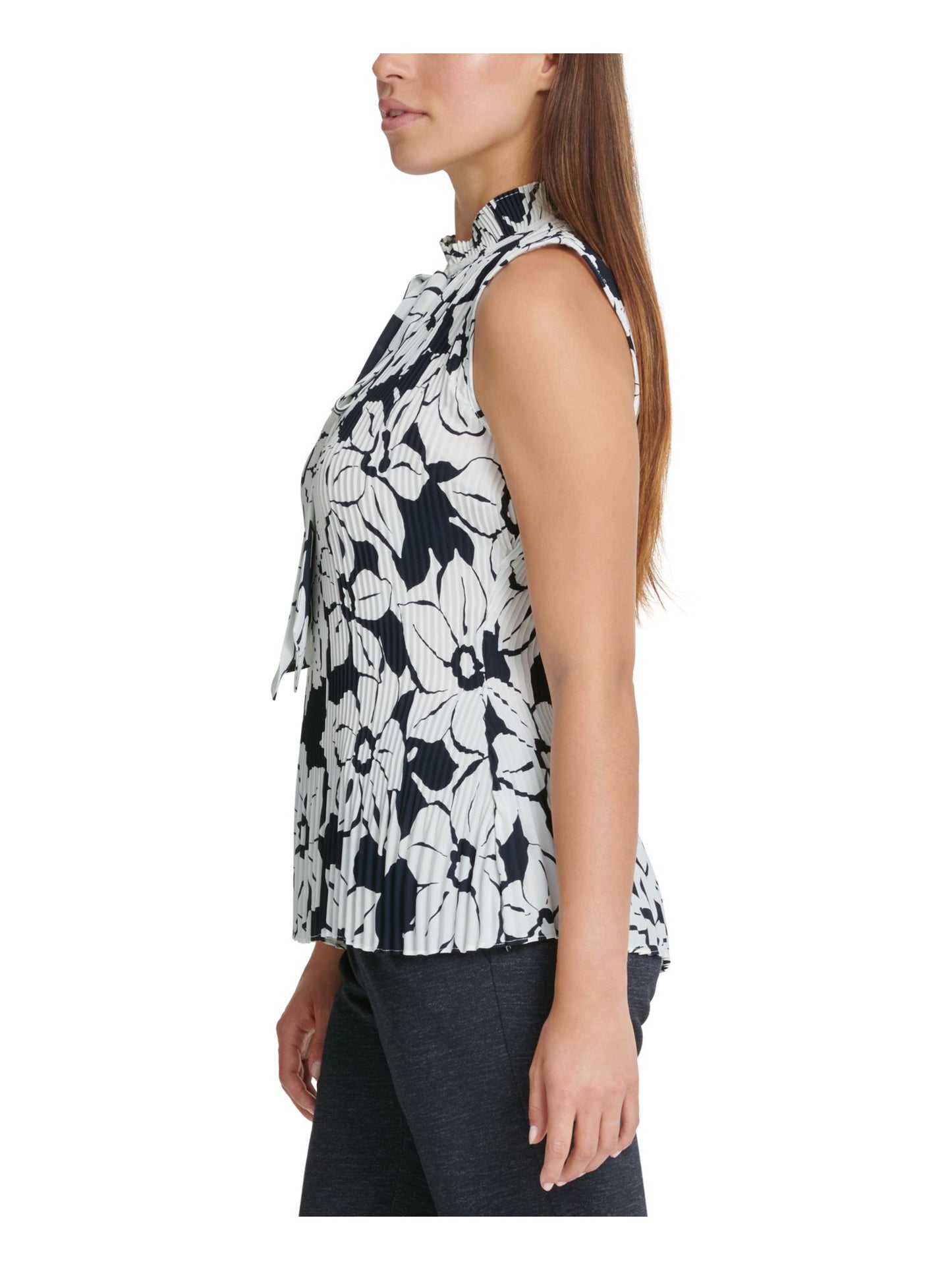 DKNY Women's Pleated Tie Floral Sleeveless V Neck Top Blue Size Large