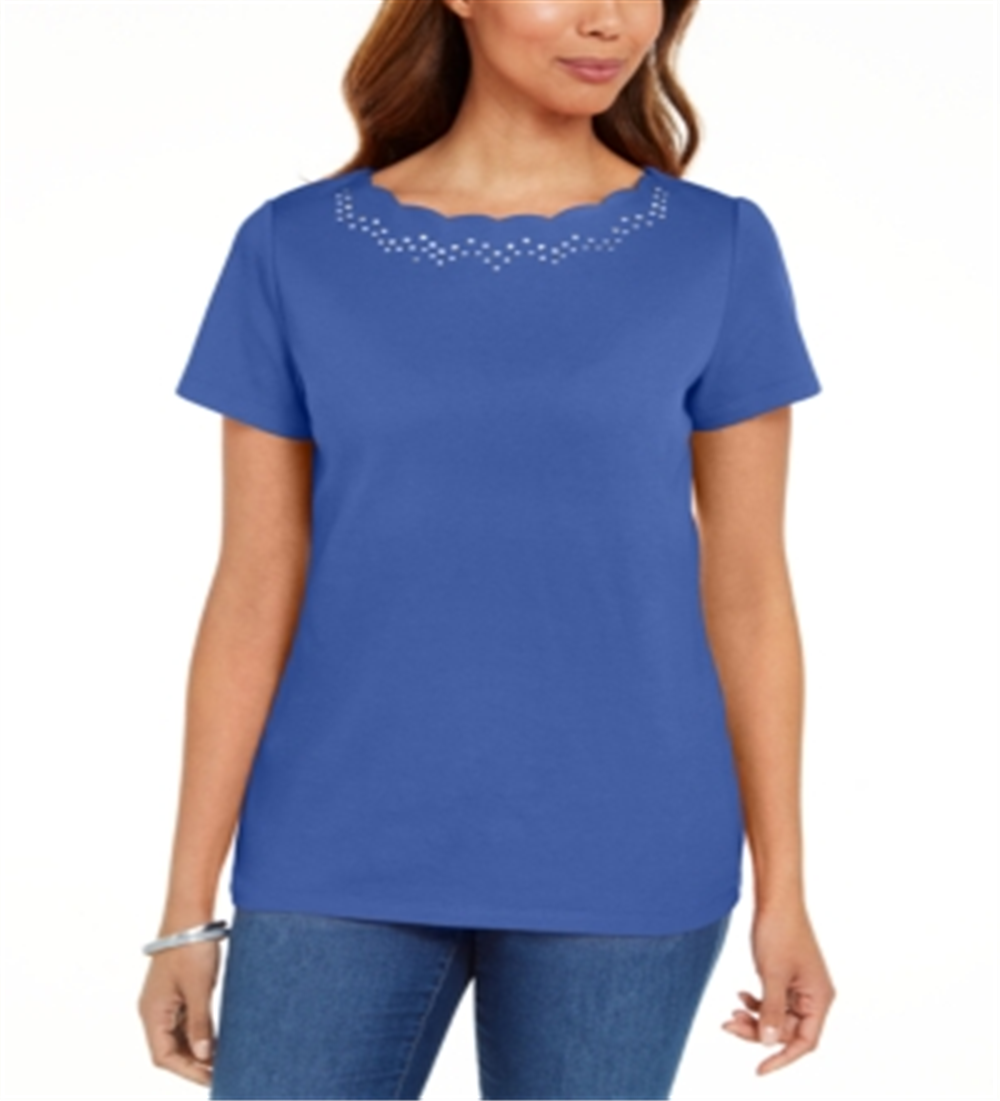 Karen Scott Women's Cotton Scalloped Neck T-Shirt Blue Size Medium