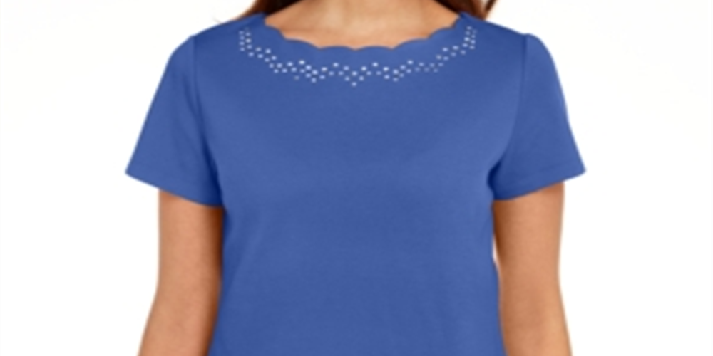 Karen Scott Women's Cotton Scalloped Neck T-Shirt Blue Size Medium