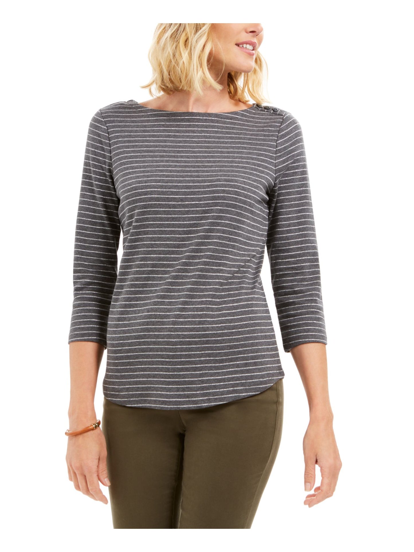 Charter Club Women's Striped Long Sleeve Boat Neck Top Gray Size Small