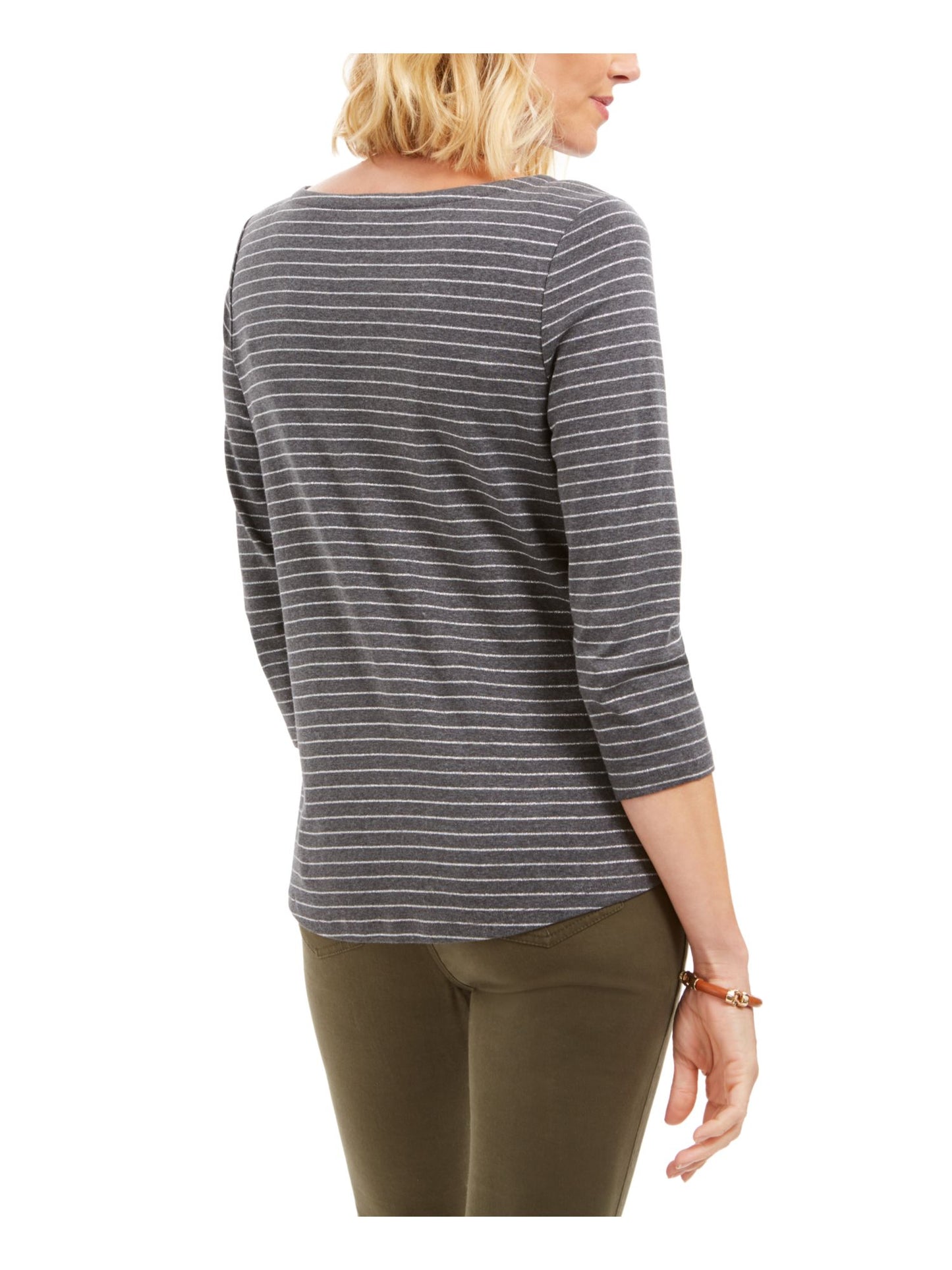 Charter Club Women's Striped Long Sleeve Boat Neck Top Gray Size Small
