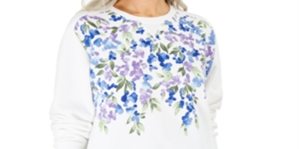 Karen Scott Women's Printed Fleece Top White - Blue Floral Size Large