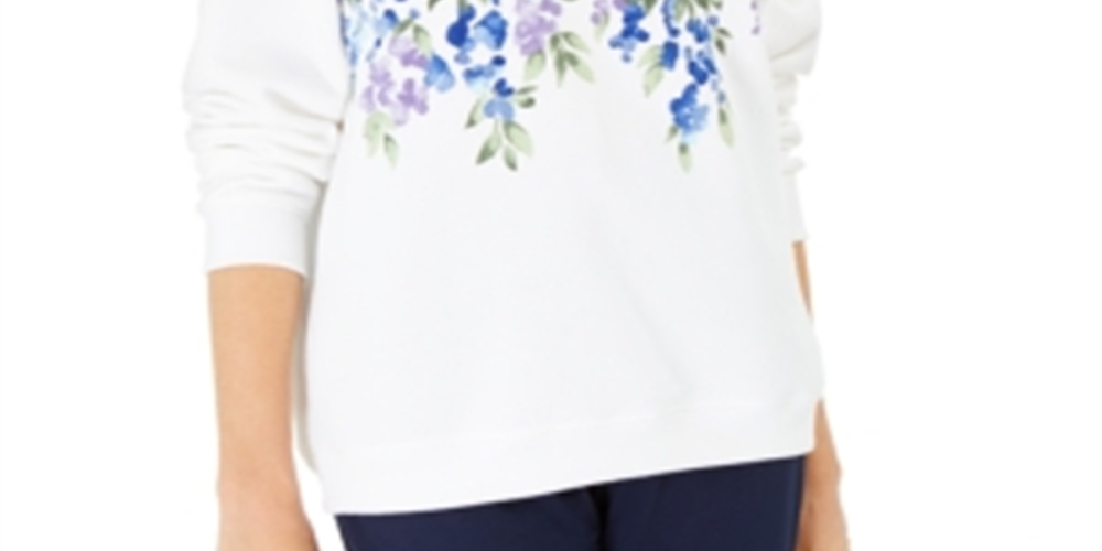 Karen Scott Women's Printed Fleece Top White - Blue Floral Size Large