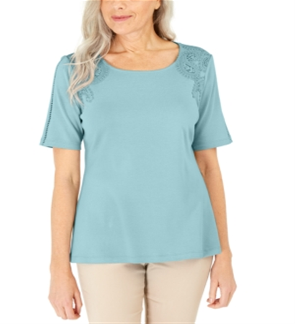 Karen Scott Women's Cotton Crochet Front Top Blue Size Small