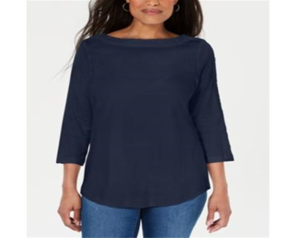 Karen Scott Women's Cotton Lace Trim Top Blue Size Large