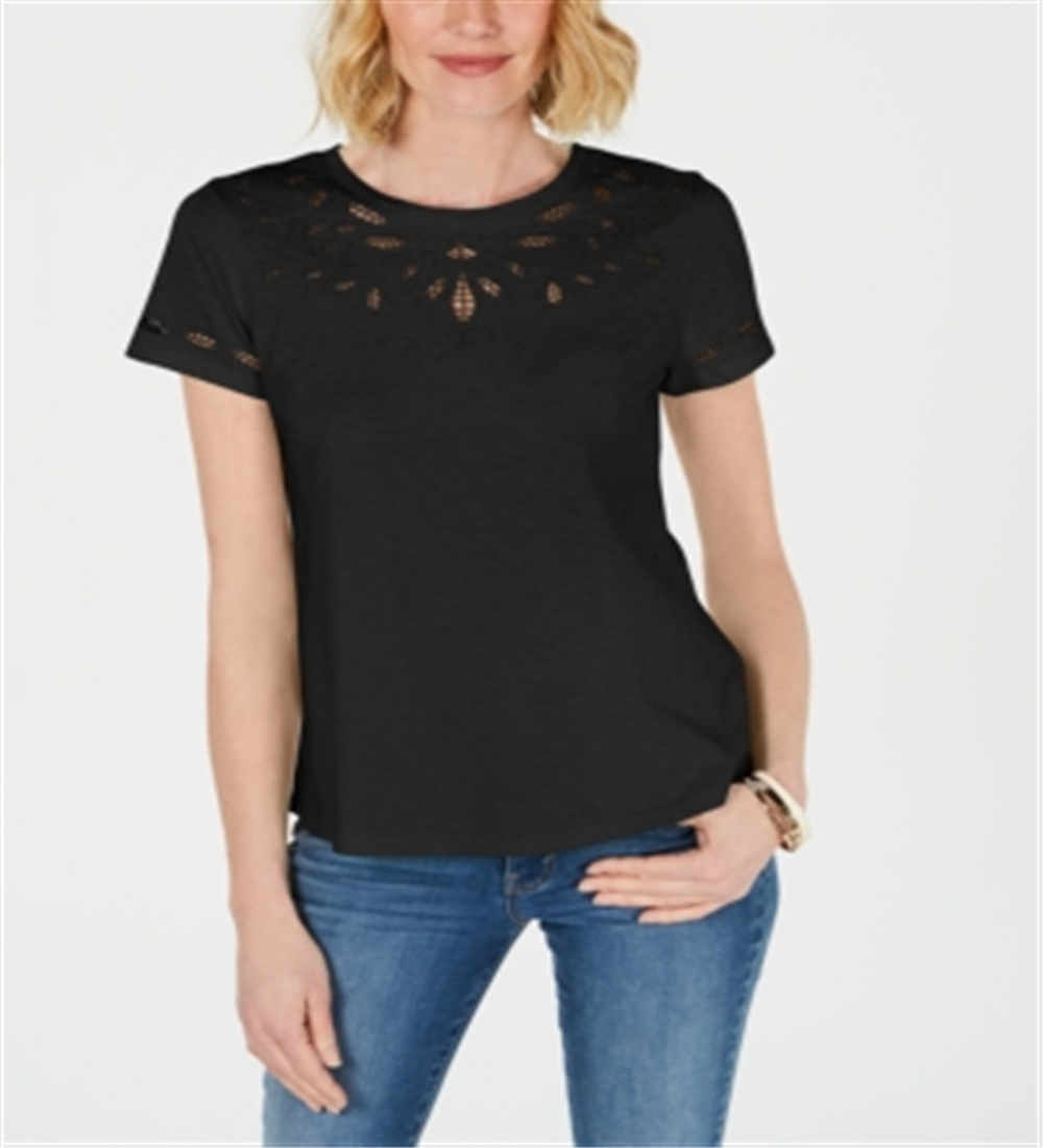 Charter Club Women's Cutout Cotton T-Shirt Black Size XX-Large