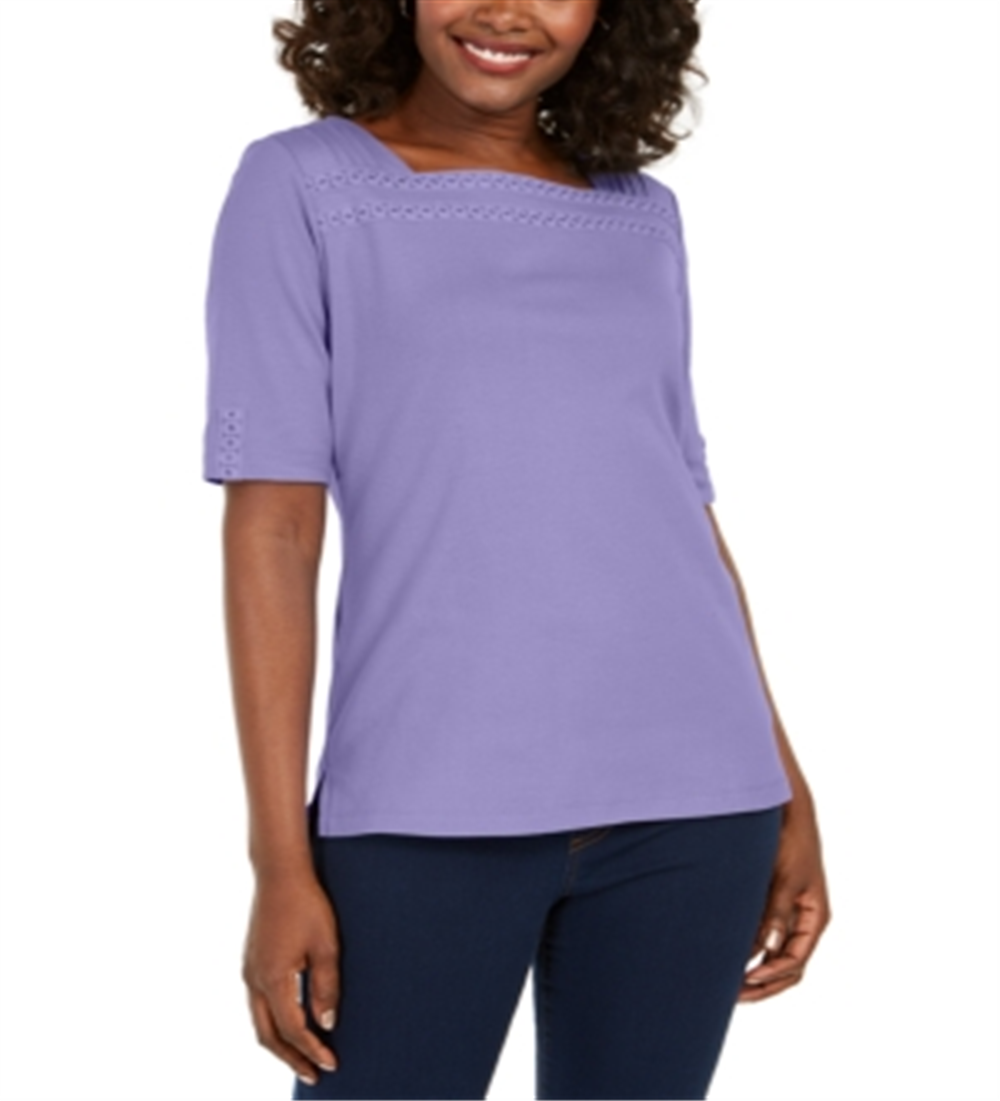 Karen Scott Women's Cotton Eyelet Trim Top Purple Size Small